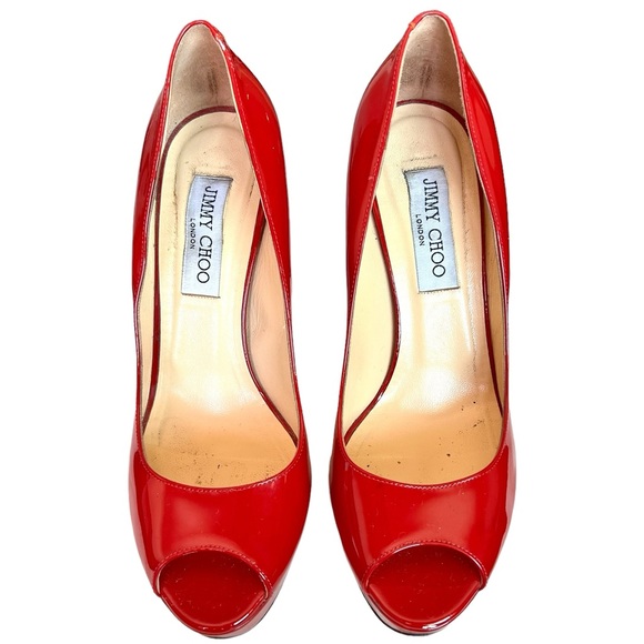 Jimmy Choo London Red Patent Leather Peep Toe Pumps 5” Spike Heels Size 38.5 EU - Picture 4 of 11